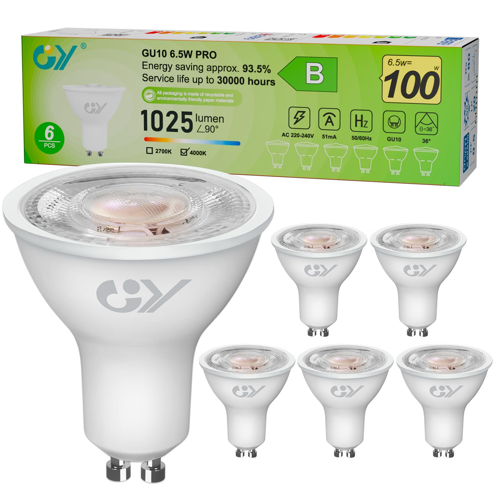GY GU10 LED Spot Light Bulbs Class B, 1025LM Neutral White 4000K, 6.5W Equivalent 100W GU10 36° (Narrow Beam), Energy Efficient, Non-Dimmable, Pack of 6