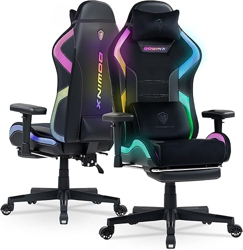 Dowinx Silla de juegos con luces LED RGB, silla de juego ergonómica con reposapiés, soporte lumbar de masaje, silla de computadora para adultos y