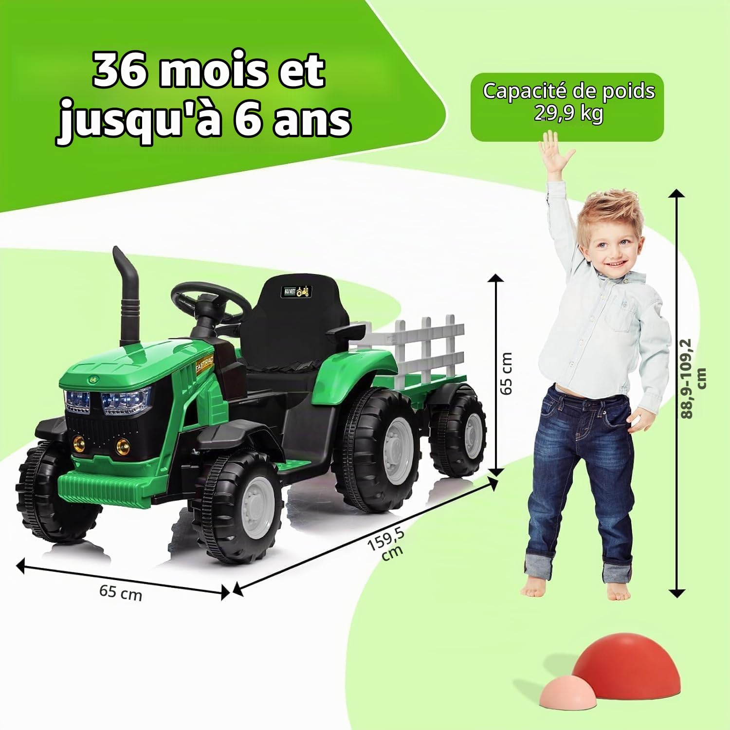 Tracteur électrique pour Enfants 12 v avec Remorque Amovible, Télécommande, Deux Moteurs, Klaxon, Musique/USB, 7 Lumières LED, Voiture à Pédales pour Les Enfants De 3 Ans Et Plus (Vert)