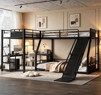 Bellemave Twin Over Full L-Shaped Triple Bunk Beds with Slide and L Desk, Metal L-Shaped 3 Bunk Beds for Kids, Black