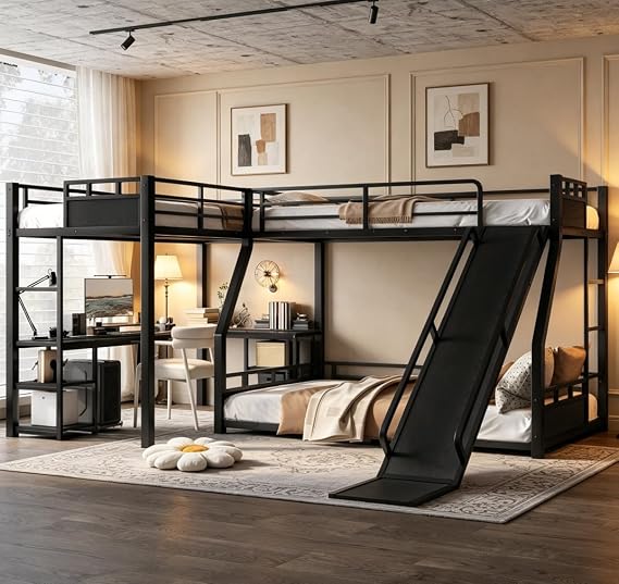 Bellemave Twin Over Full L-Shaped Triple Bunk Beds with Slide and L Desk, Metal L-Shaped 3 Bunk Beds for Kids, Black