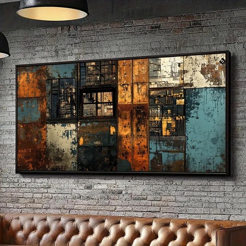 Cuadro abstracto industrial oxidado en lienzo de 70x140 cm con tonos naranja y azul