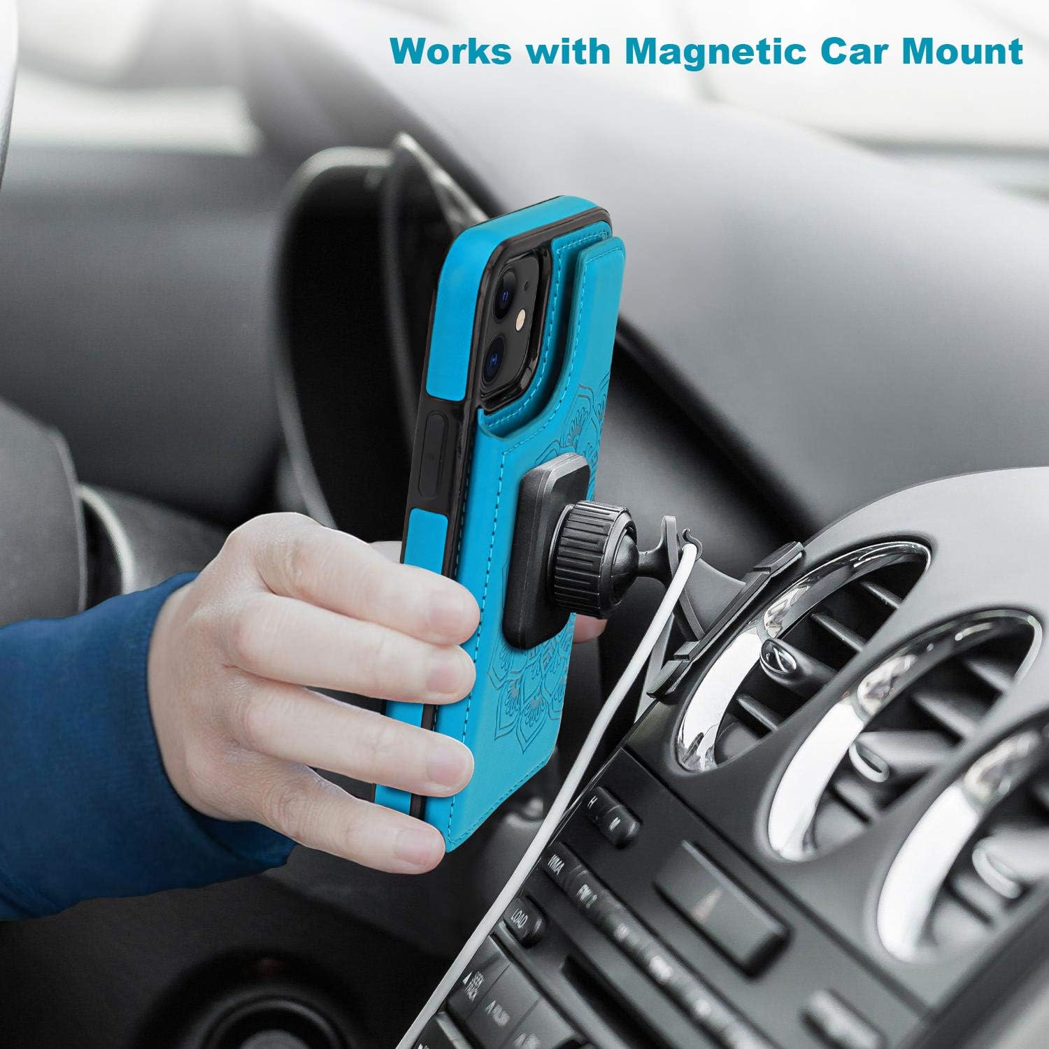 Vaburs Compatible with iPhone 11 Case Wallet with Card Holder, Embossed Mandala Pattern Flower Premium PU Leather Double Magnetic Buttons Flip Shockproof Protective Cover for 6.1 Inch, (Blue) - Image 4