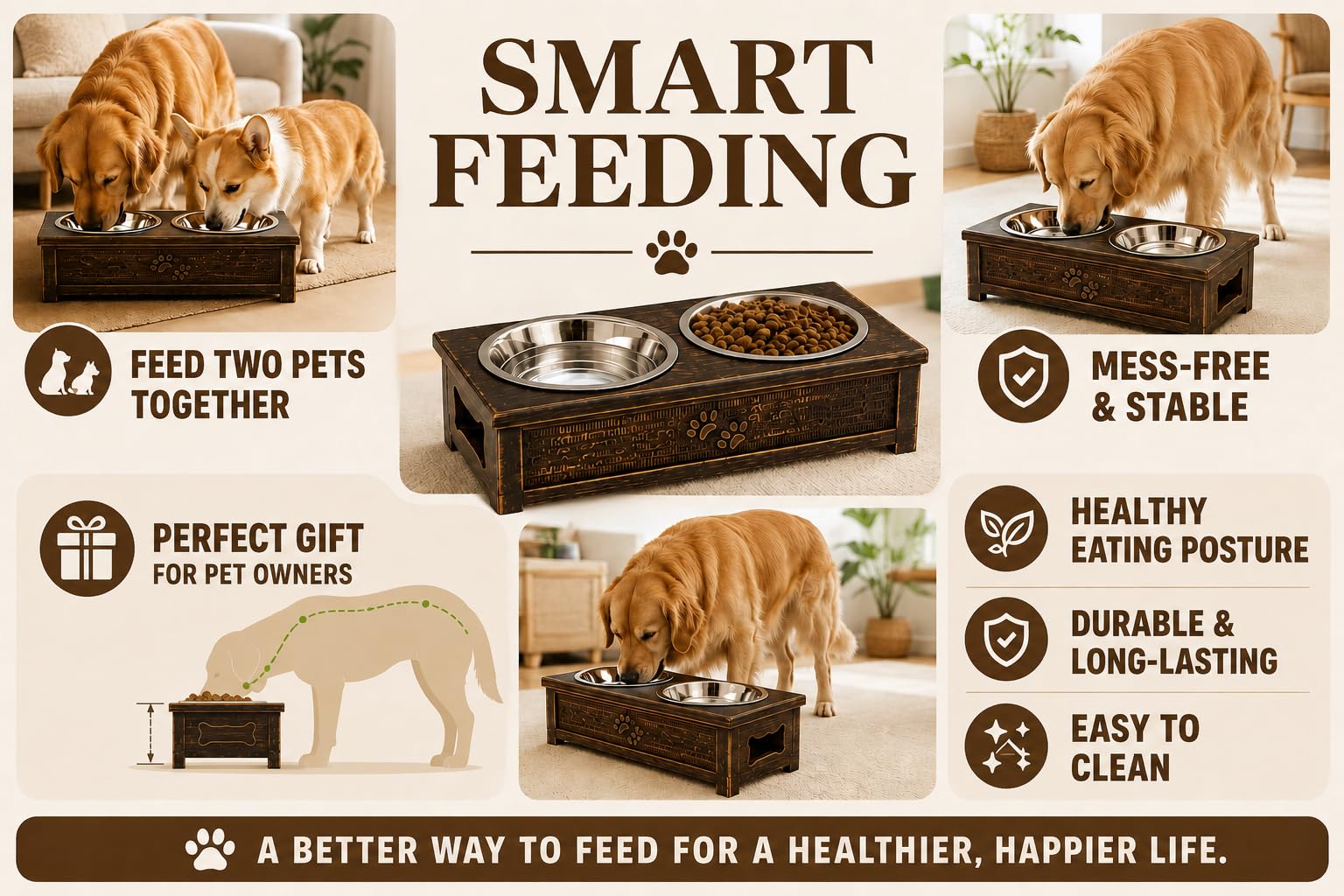 Juego de 2 cuencos de agua y alimentos para perros y mascotas, tazas de metal elevadas de acero inoxidable con soporte de madera de alta calidad, resistente a la corrosión, alimentos secos y húmedos
