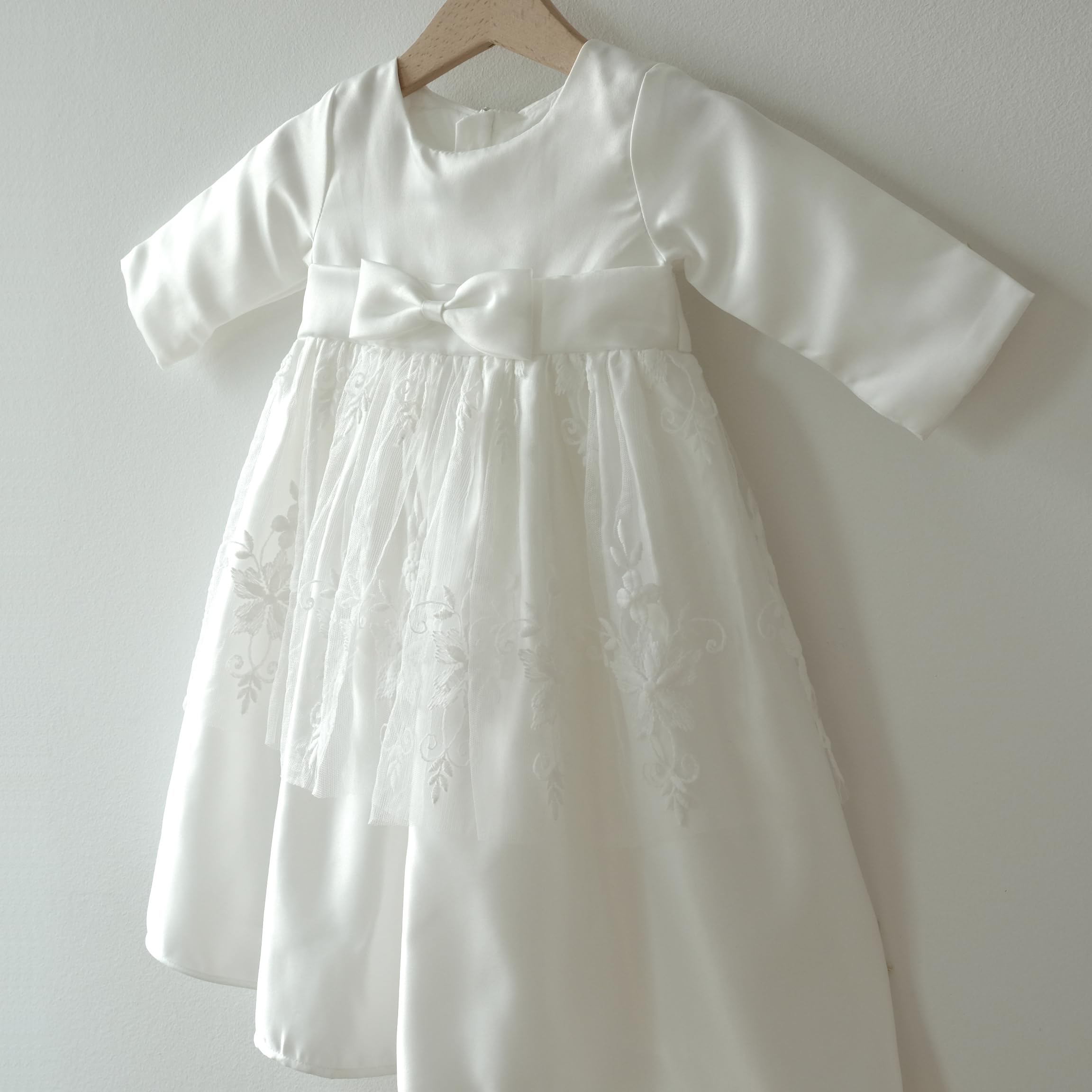 Taufkleid Langarm Satin Spitze Baby Mädchen Blumenmädchen M35