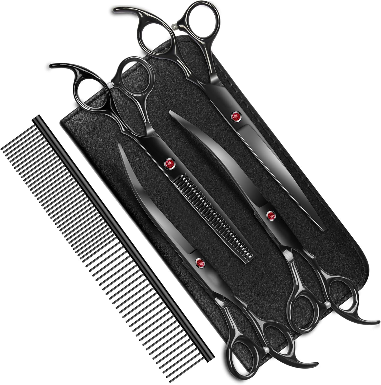 Ensemble de ciseaux de toilettage professionnels de 17,8 cm, ciseaux droits et courbés, ciseaux à effiler, peigne et accessoires, en acier inoxydable, design ergonomique, pour soins à domicile et