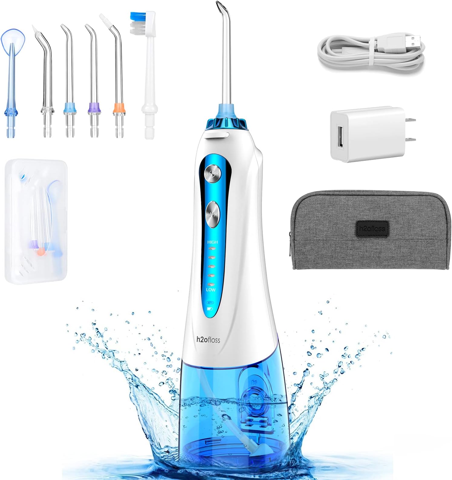 Water Dental Flosser Cordless for Teeth - H2ofloss Portable Oral Irrigator, Rechargeable Water Teeth Cleaner for Home Travel, IPX7 Waterproof, 5 Modes and 6 Jet Tips for Braces & Bridges Care
