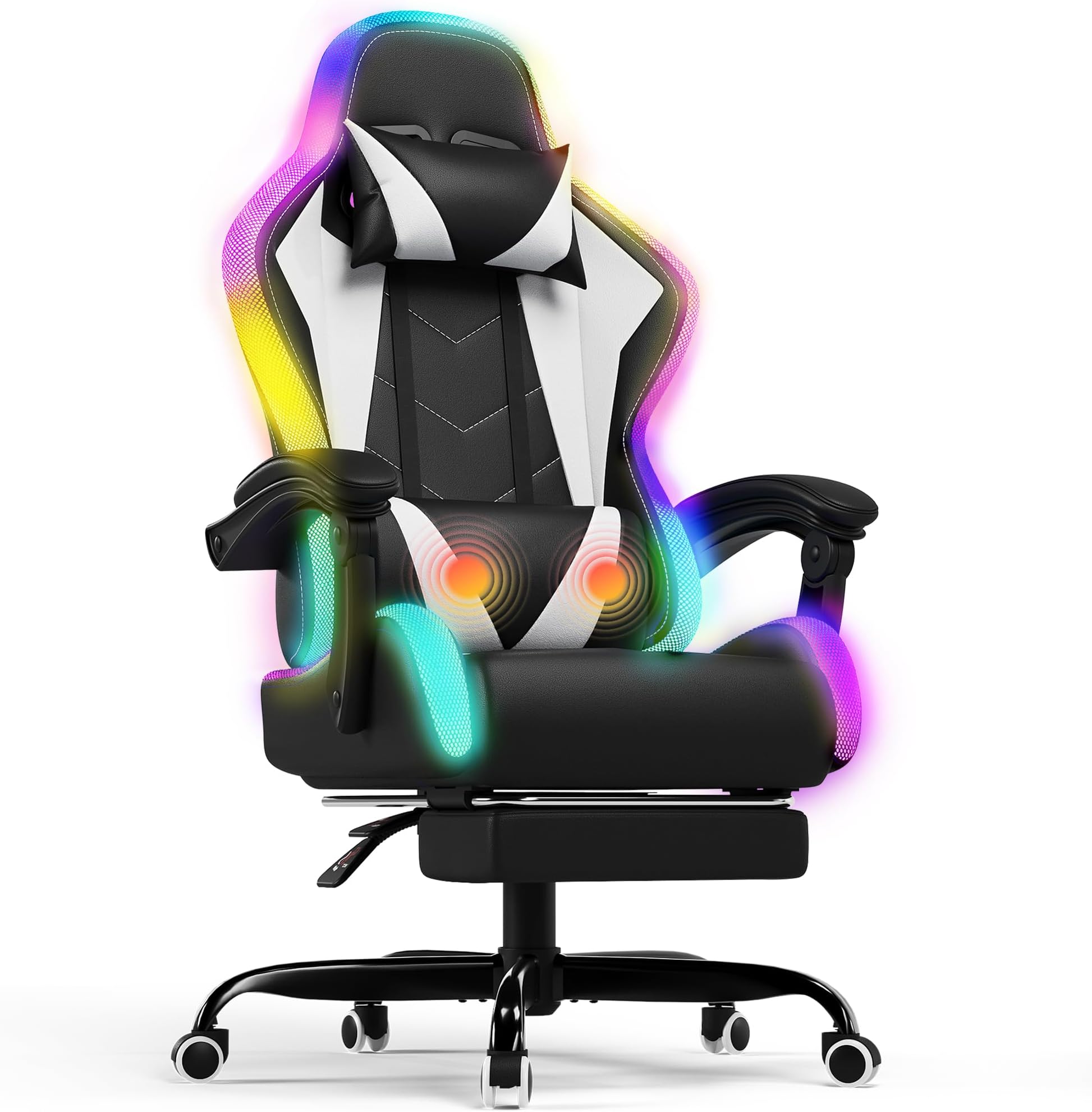 Devoko LED Gaming PC Chair with Footrest and Lumbar Support, Ergonomic Computer Massage Gaming Chair, Video Game Chairs for Adults, High Back Racing Chair, Maximum capacity 180kg (Black & White)