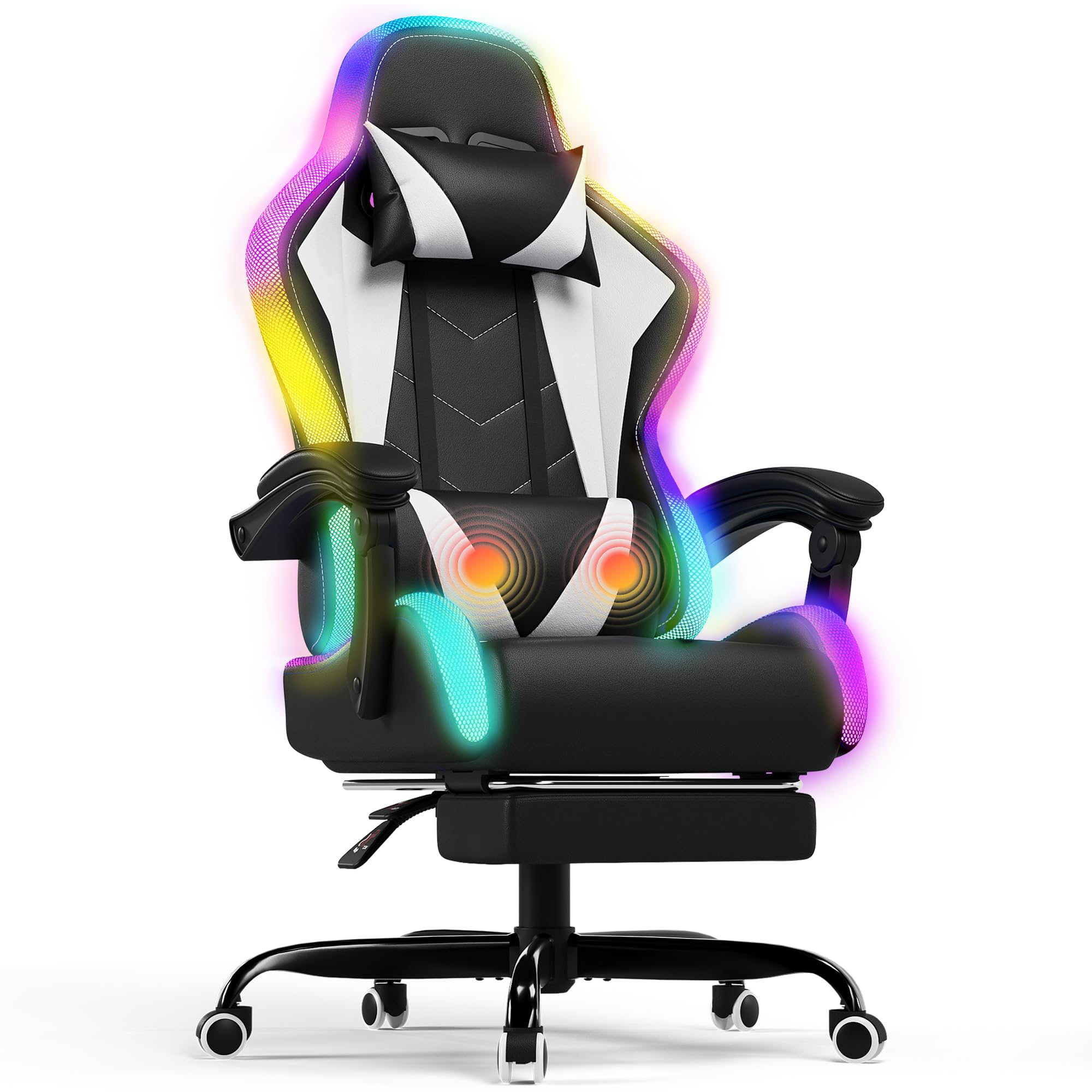 Devoko Silla Gaming con Masajeador y LED, Silla de Oficina Ergonómica con Reposapiés, Sillas Gaming para Oficina y Juegos con Iluminación RGB(Blanco)
