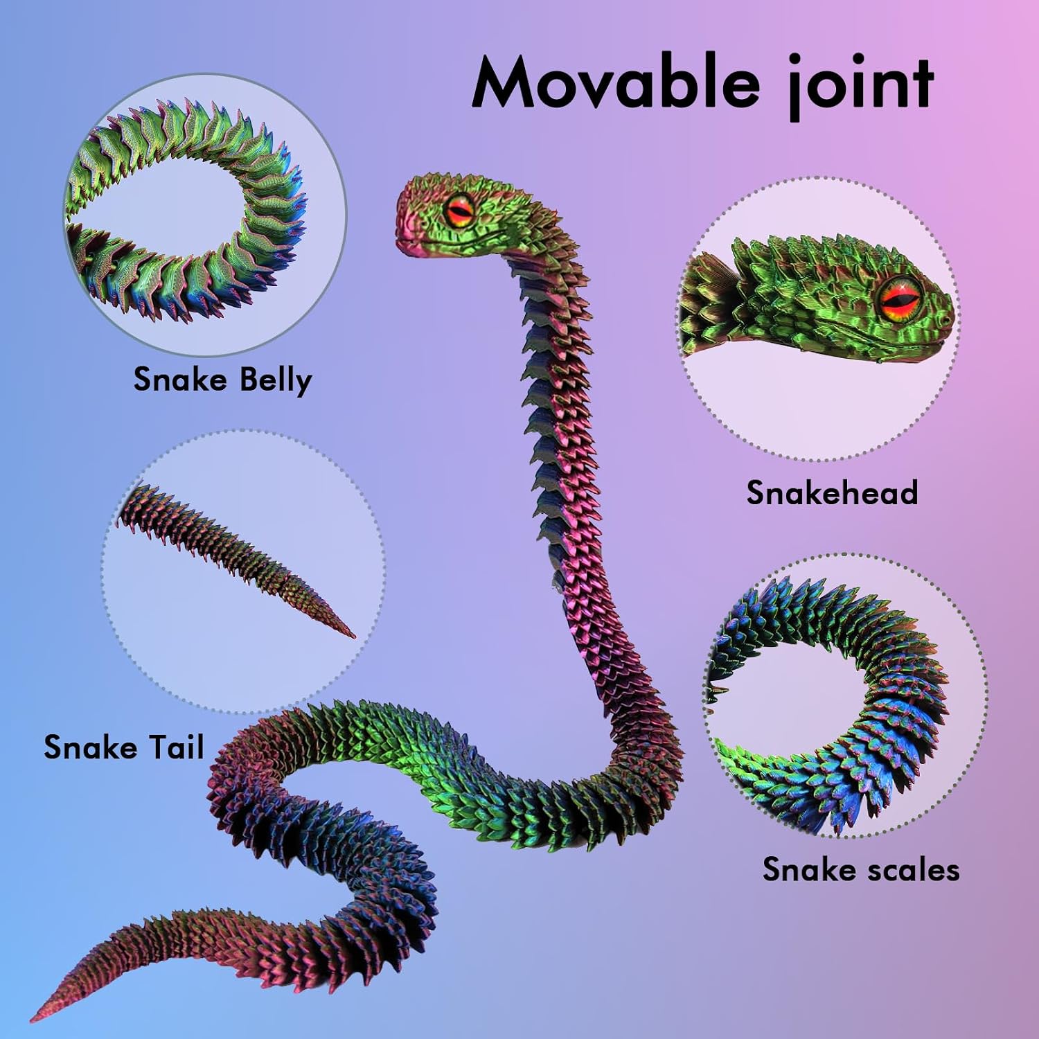 3D Printed Animals Snake, 12 Inch Surprise Mystery Fidget Anaconda Toy, Fake Python Statue with Realistic Eyes，3-D Print Articulated Viper Collectible for Home Office Executive Desk Decoration