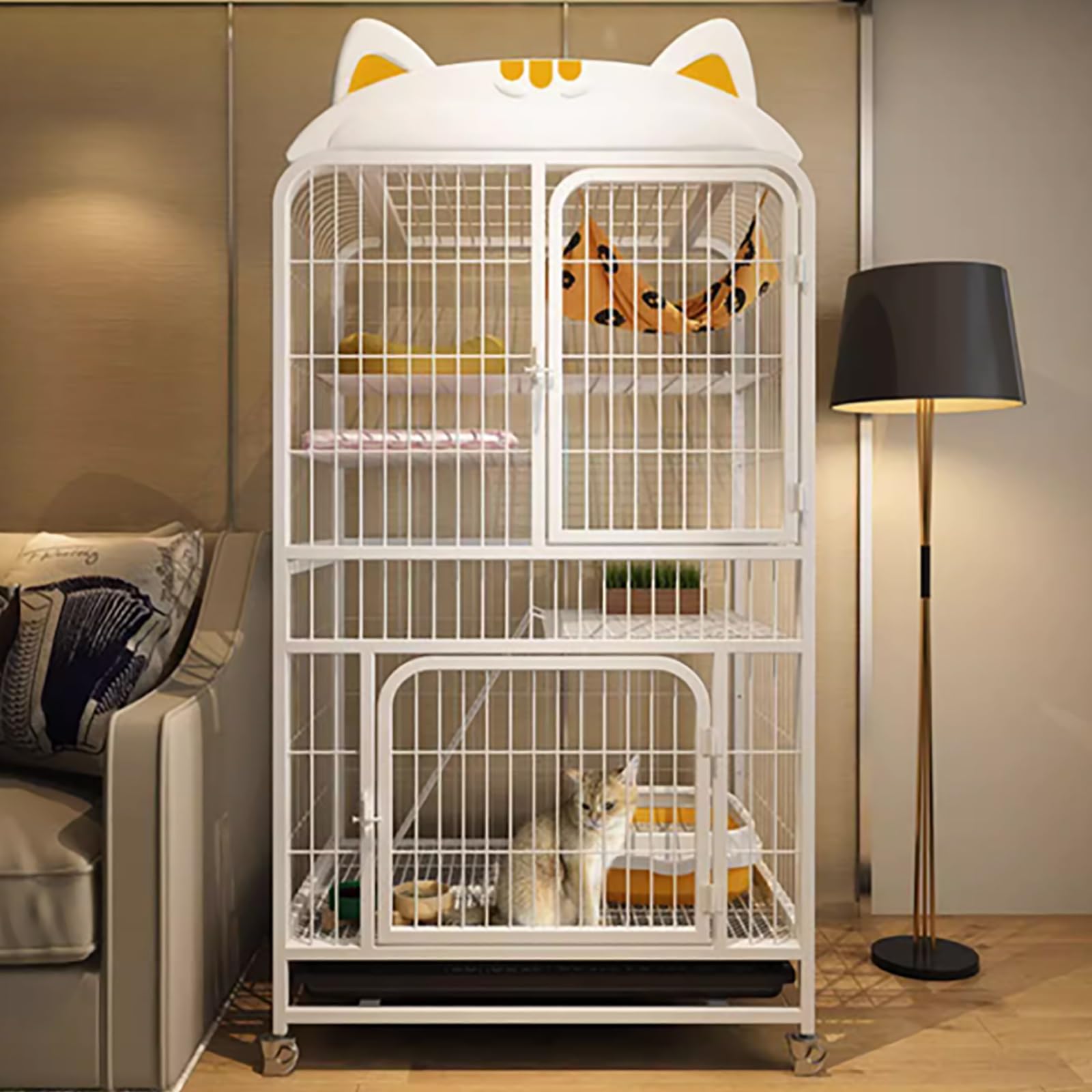 Grande gabbia in metallo per gatti con base a rullo, scaletta e vassoio, adatta per gattini, cuccioli, furetti, cincillà, conigli, recinto da interno per piccoli animali