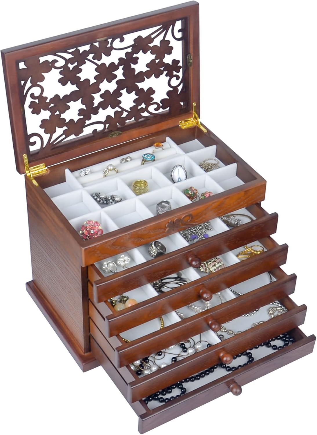 Kendal Wood Jewelry Box for Women, Real Wooden Jewelry Holder Organizer Box with Leaf Patterns, 6 Layer Jewelry Boxes for Storage Earrings Rings Necklace Bracelet, Ideal Gift for Women's Day