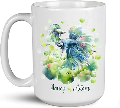 Jade Green Betta Fishes With Harlequin Rasbota Fishes Cup, Aquarium Fish Mug Gift For Friend Coworkers, Customized Choose Name Funny Pet Mug, Personalized Siamese Fighting Fish Tea Cup