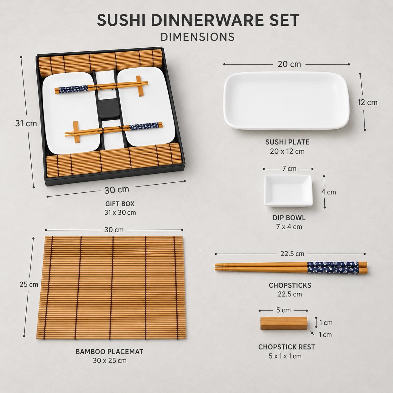 Exzact Set Sushi Stile Orientale – 10 Pezzi: 2 Piatti Sushi, 2 Vassoi per Salsa, 2 Stuoie di Bambù, 2 Coppie di Bacchette in Bambù