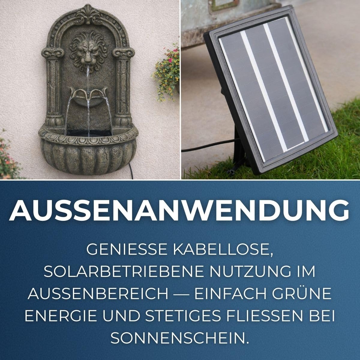Festive Lights Fontaine solaire à LED - 55 cm - Tête de lion italienne - Solaire et USB - Fontaine de jardin pour l'intérieur et l'extérieur - Jeu d'eau de jardin