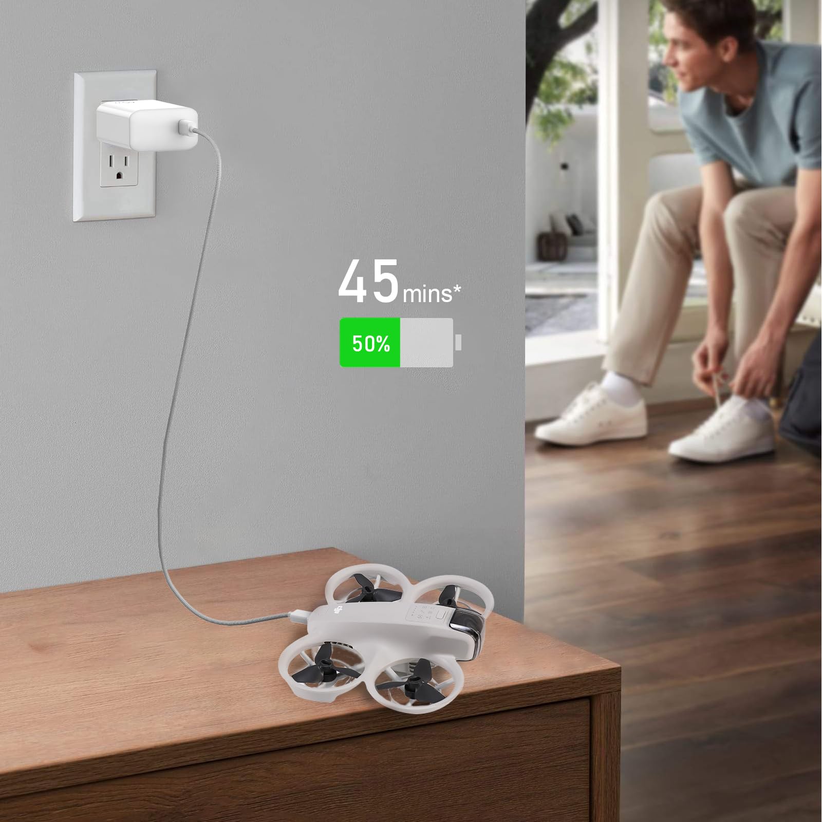 FPVtosky 65W USB-C Ladegerät Netzteil mit Schnellladung, GaN Technologie, Kompatibel mit DJI Mini 4K/Neo 2/Mini 3/4/5 Pro/Lito 1/X1/Air 3S/Avata 360/Pocket 3/Pocket 4,Controller,mit C zu C Kabel(Weiß)