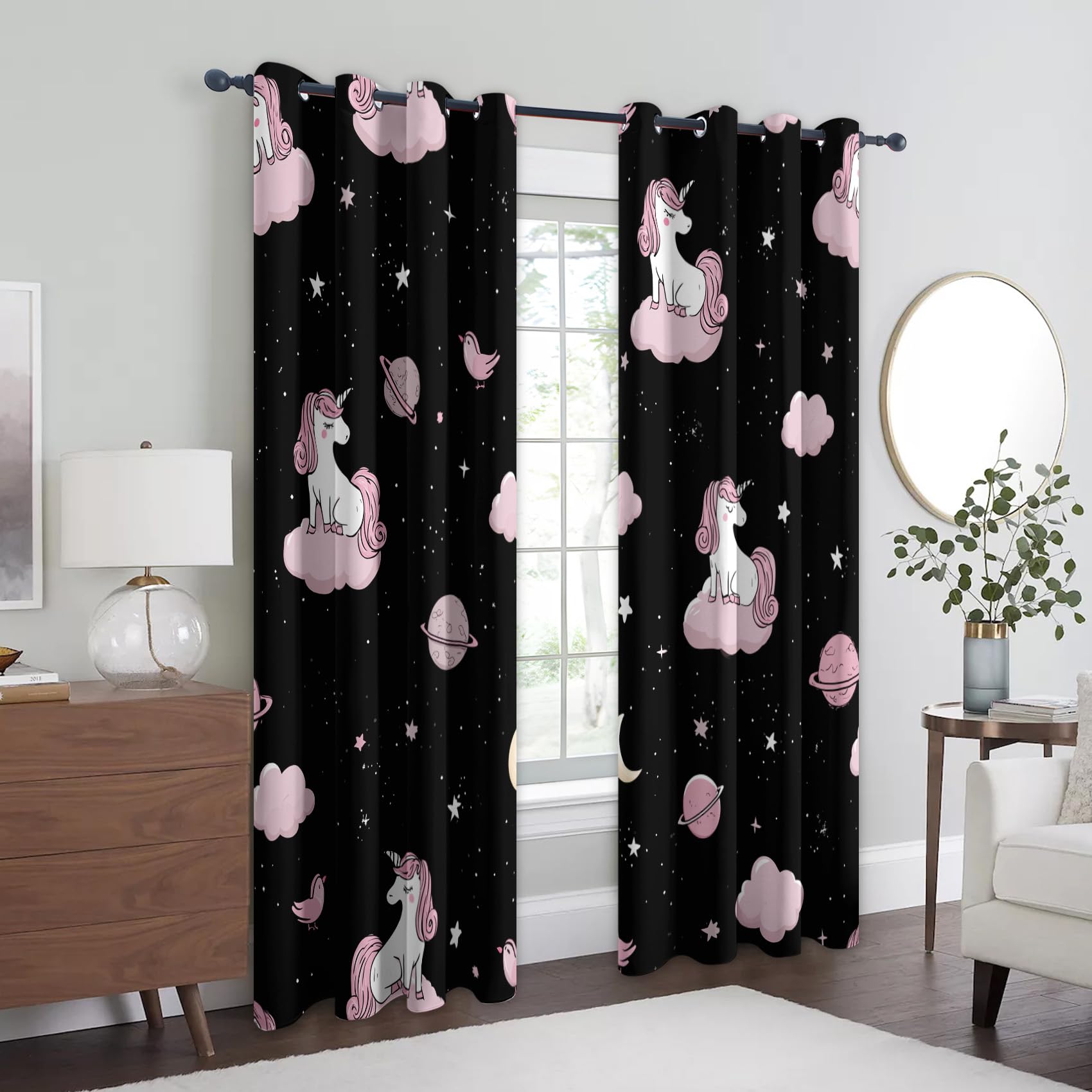 Rideau Occultant Licorne, Rideaux Motif Nuage Enfant Fille, Rideau Thermique Isolant Draperies Intérieurs à Oeillets pour Chambre Salon Fenetre, Lot de 2, 140x180 cm D135