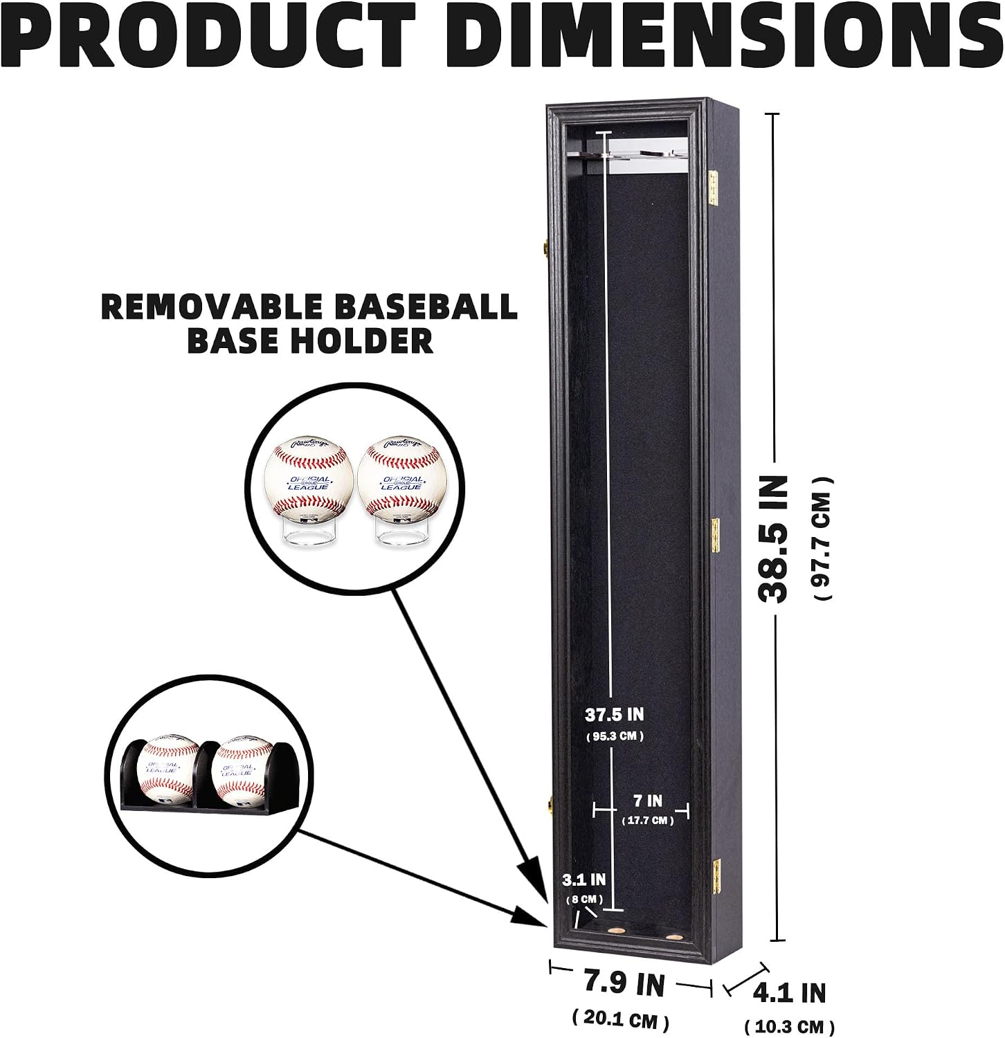 DisplayGifts Vertical Baseball Bat Display Case for 2 Bats,Wall Mount, Lockable Shadow Box with UV Protection, Baseball Bat Cabinet for Collectors, 38.5" x 8" x 4" ,Black Felt with Black Finish Frame