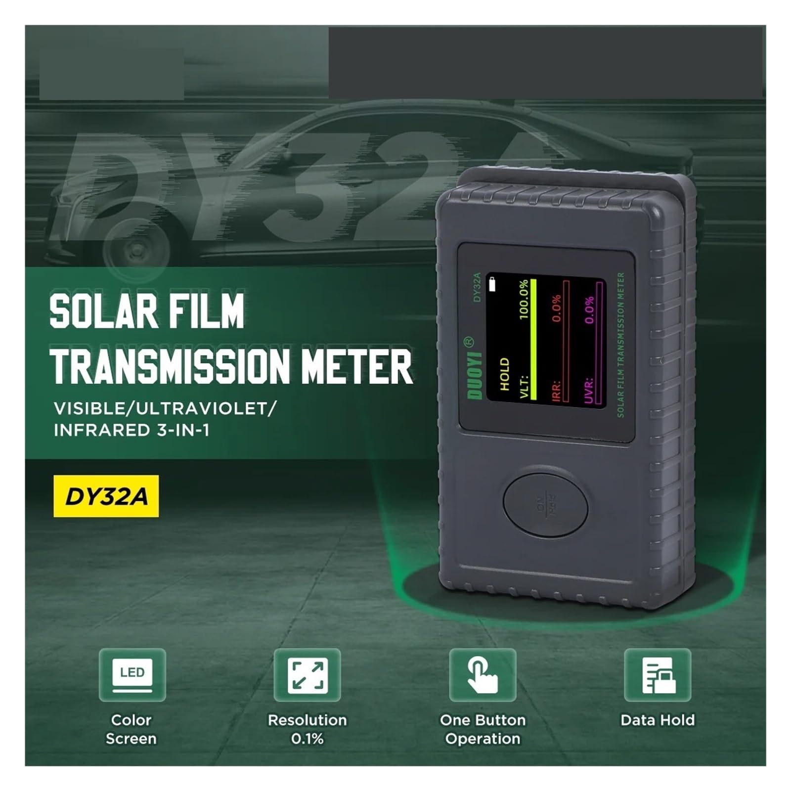 Medidor de transmisión de película solar DY32A Medidor de tinte de ventana portátil Probador de rechazo de UV e IR de transmitancia de luz visible