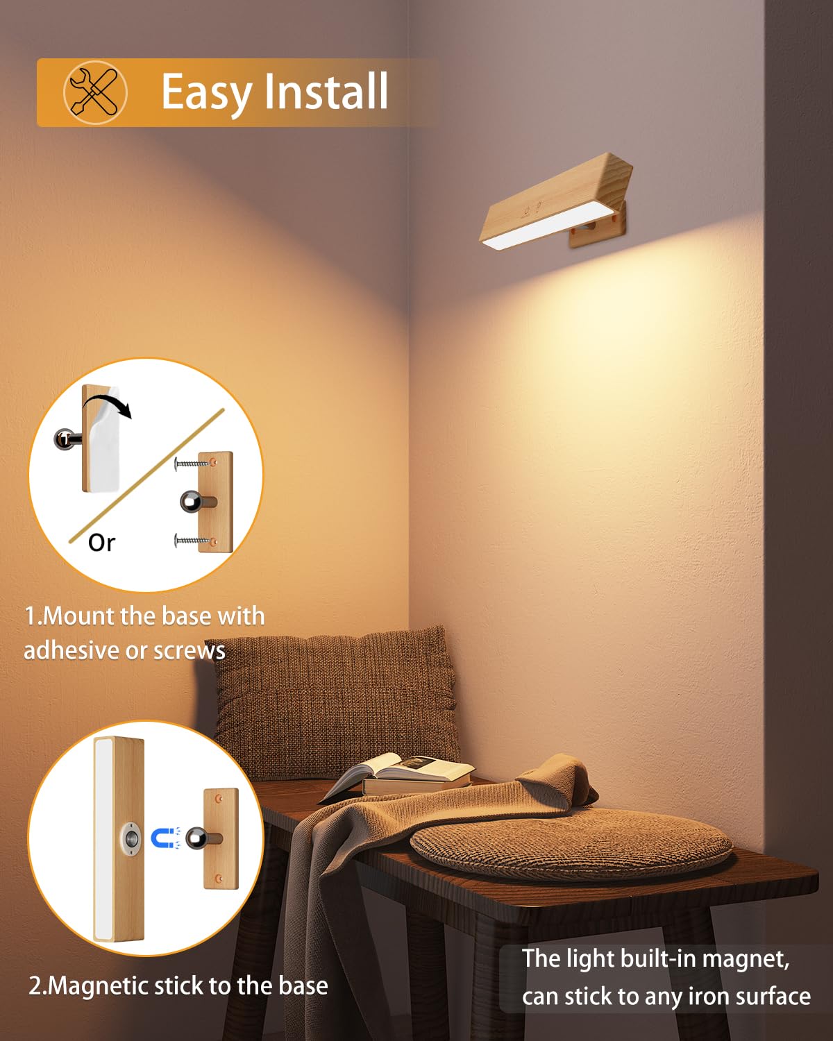 Lampe Murale sans Fil avec Télécommande Tactile, USB Rechargeable, 3 Températures & RGB, Intensité Variable, Rotative 360°, 2 PCS