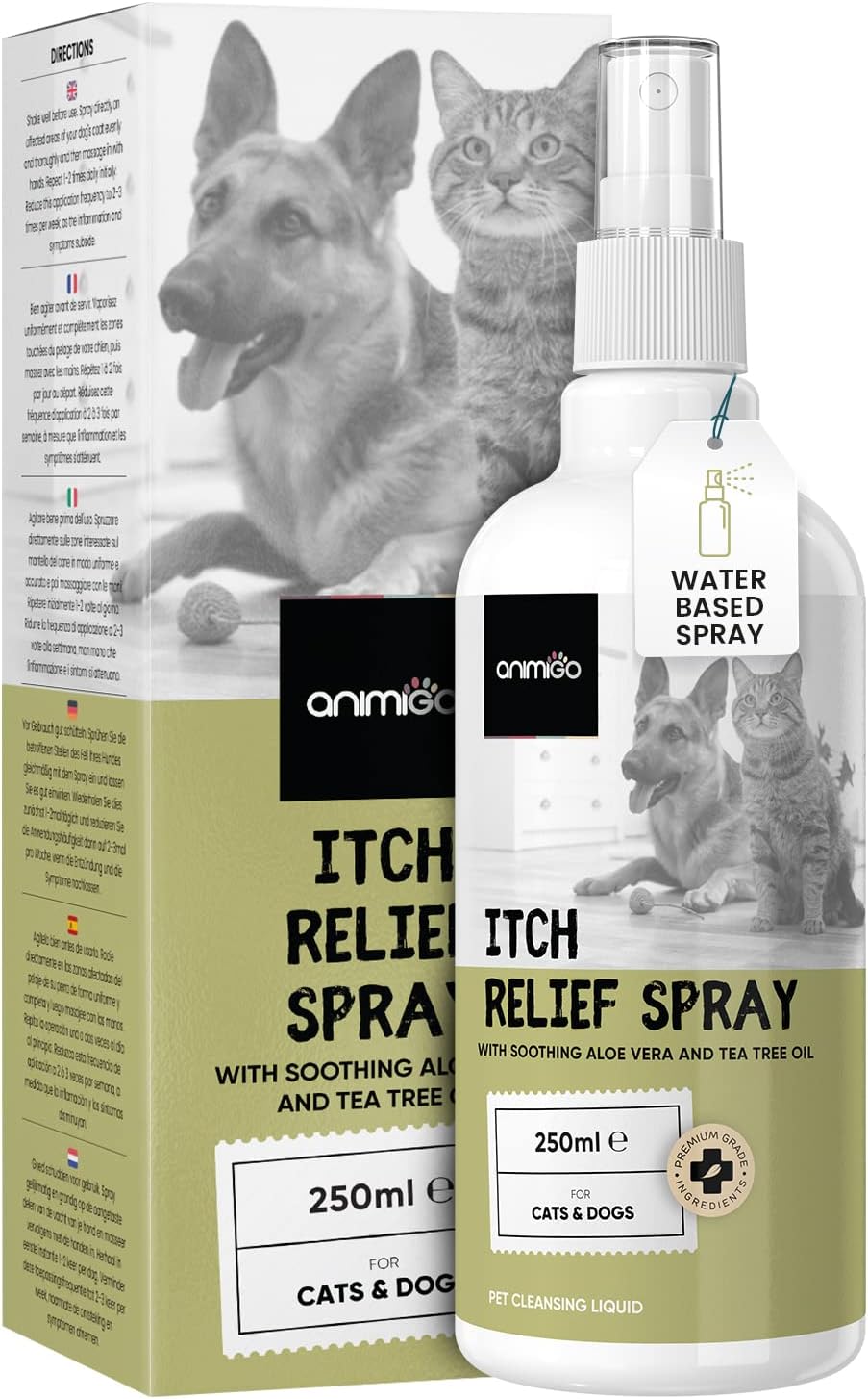 Cat & Dog Itchy Skin Relief Spray With Pure Aloe Vera, Tea Tree & Castor Oil - Natural, Lick Safe Itchy Dog Relief -Anti-itch Cat Spray and Itchy Dog Skin Relief For Allergies & Hot Spots -250ml