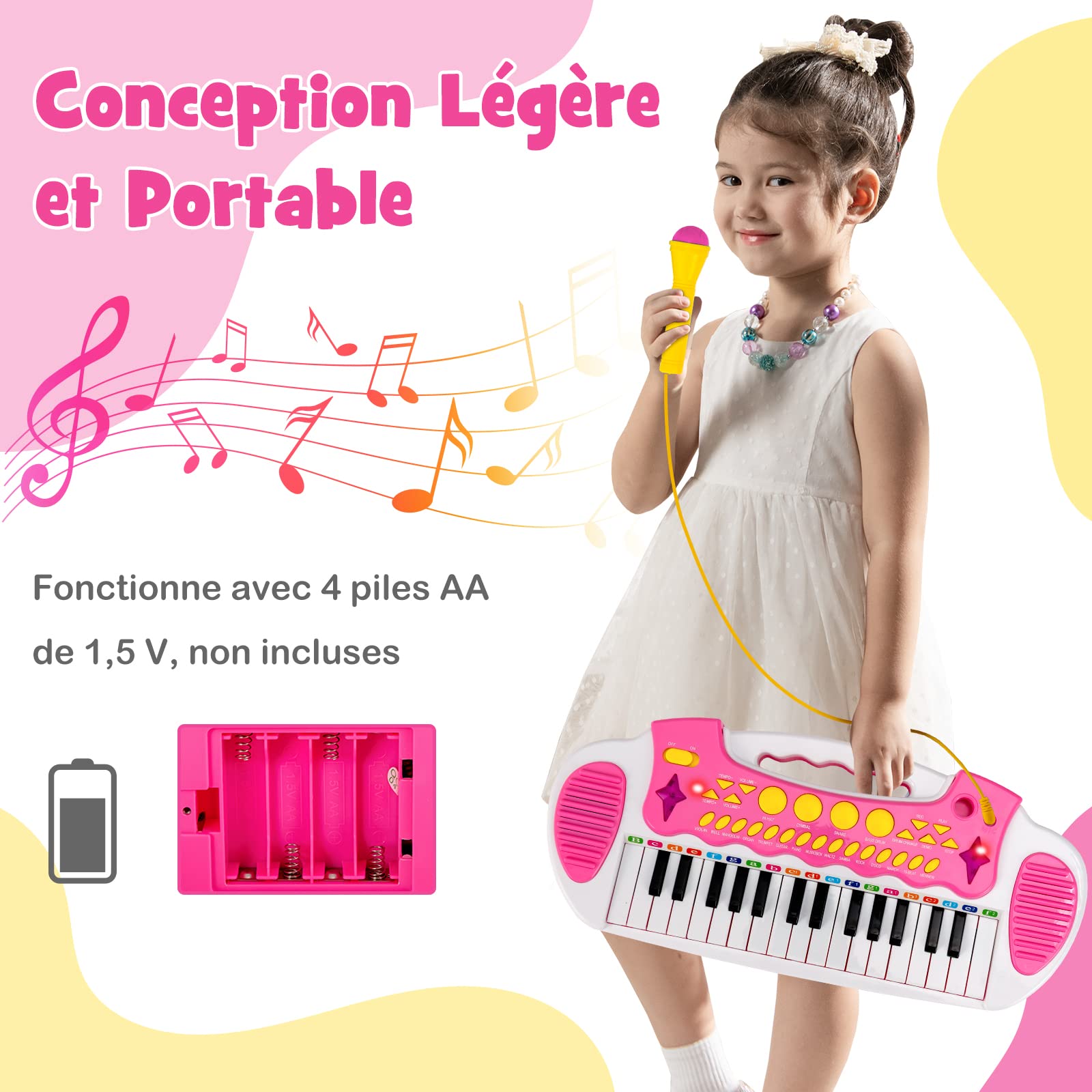 COSTWAY Clavier Piano Enfants 31 Touches avec Microphone et Tabouret,Piano Numérique avec Effets Lumineux,22 Démos,8 Volumes Réglables,8 Tonalités,7 Rythmes,Enfants 3 Ans+ (Rose)…