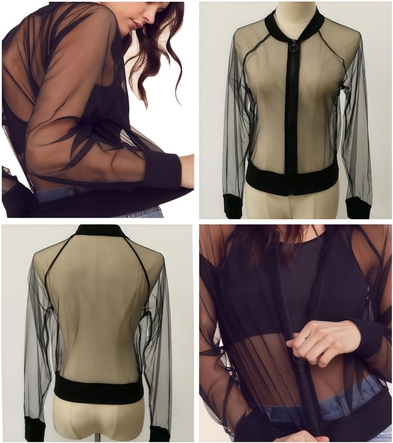 Women's See Through Mesh Bomber Jacket Sexy Mesh Sheer Zip up Long Sleeve Coat Top - Image 6