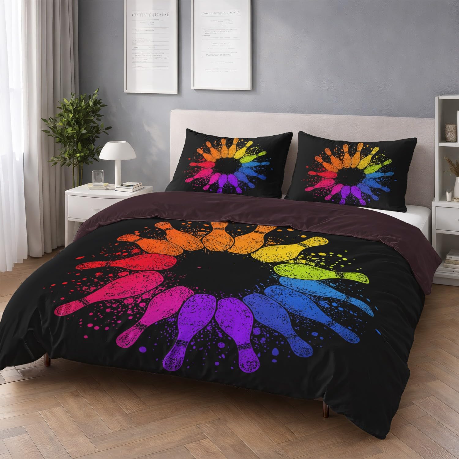 Generisch 3-częściowy komplet pościeli 220 x 240 cm, sportowy stożek do kręgli dla młodych dorosłych, miękka poszewka z mikrofibry z zamkiem błyskawicznym, przyjazna dla skóry, artystyczna, czarna