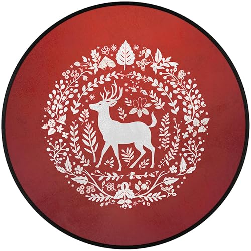 Miniatura 2 de Christmas Red Reindeer Bells And Snowflakes (4) Round Area Rug 3ft Machine Washable Circular Rugs For Dining Room Table Bedroom Playroom Throw Rugs