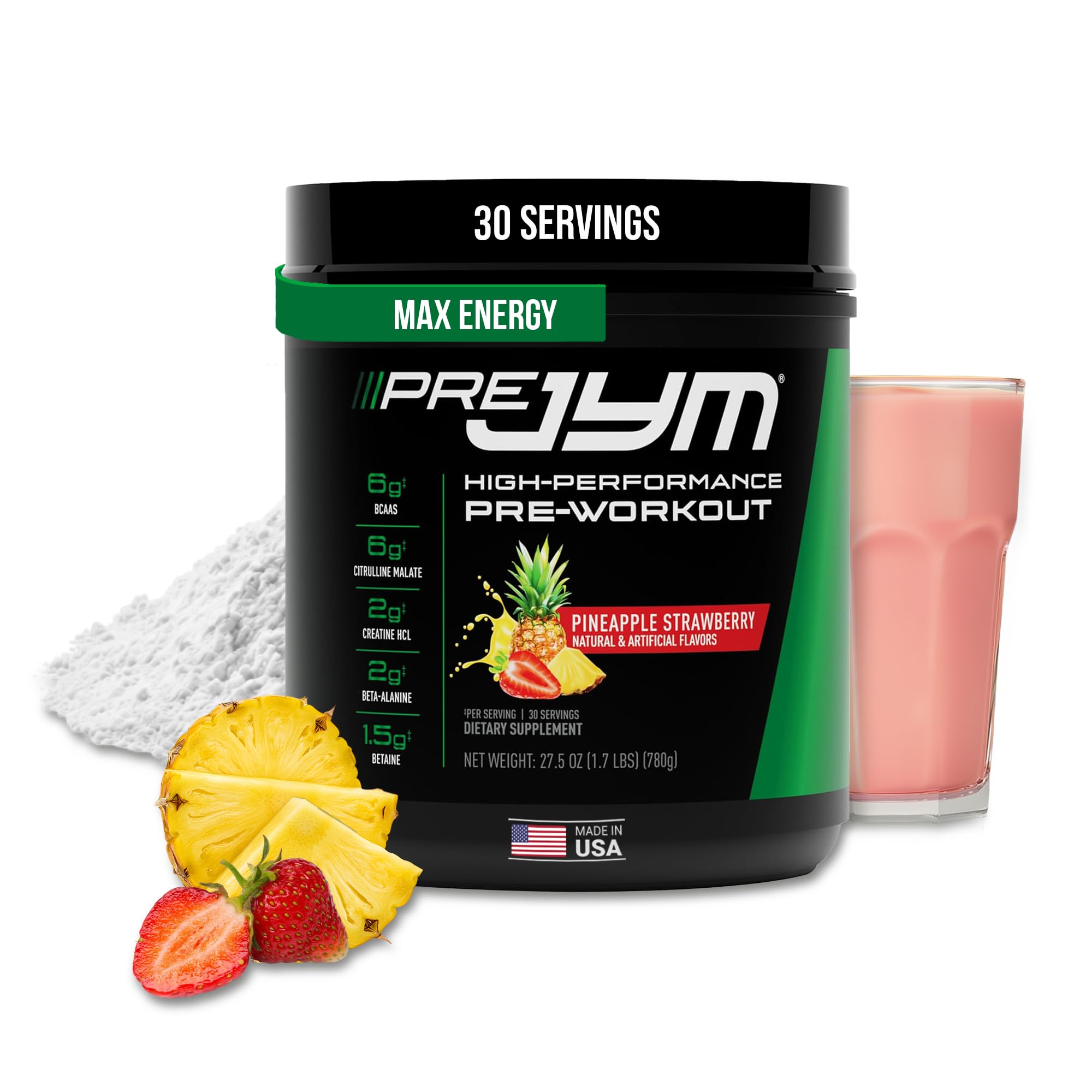 Pre JYM Pineapple Strawberry Pre Workout Powder - BCAAs, Creatine HCI, Citrulline Malate, Beta-Alanine, Betaine, and More 30 Servings