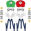 Super Bros Costume Kit with Hat, Mustaches, Suspenders, Gloves Buttons ang Glasses frame for Halloween, Cosplay and Christmas