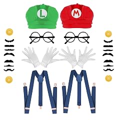 Super Bros Costume Kit with Hat Mustaches Suspenders Gloves Buttons ang Glasses frame for Halloween Cosplay and Christmas