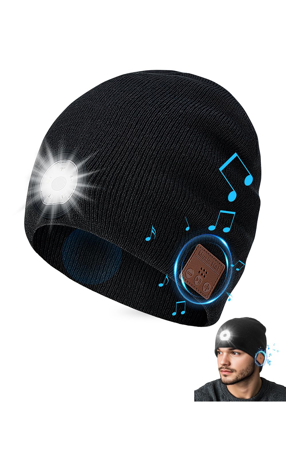 Bluetooth Beanie with Light, HD Stereo Sound, Warm Knitted Music Hat, Christmas Tech Gift & Stocking Stuffer Idea