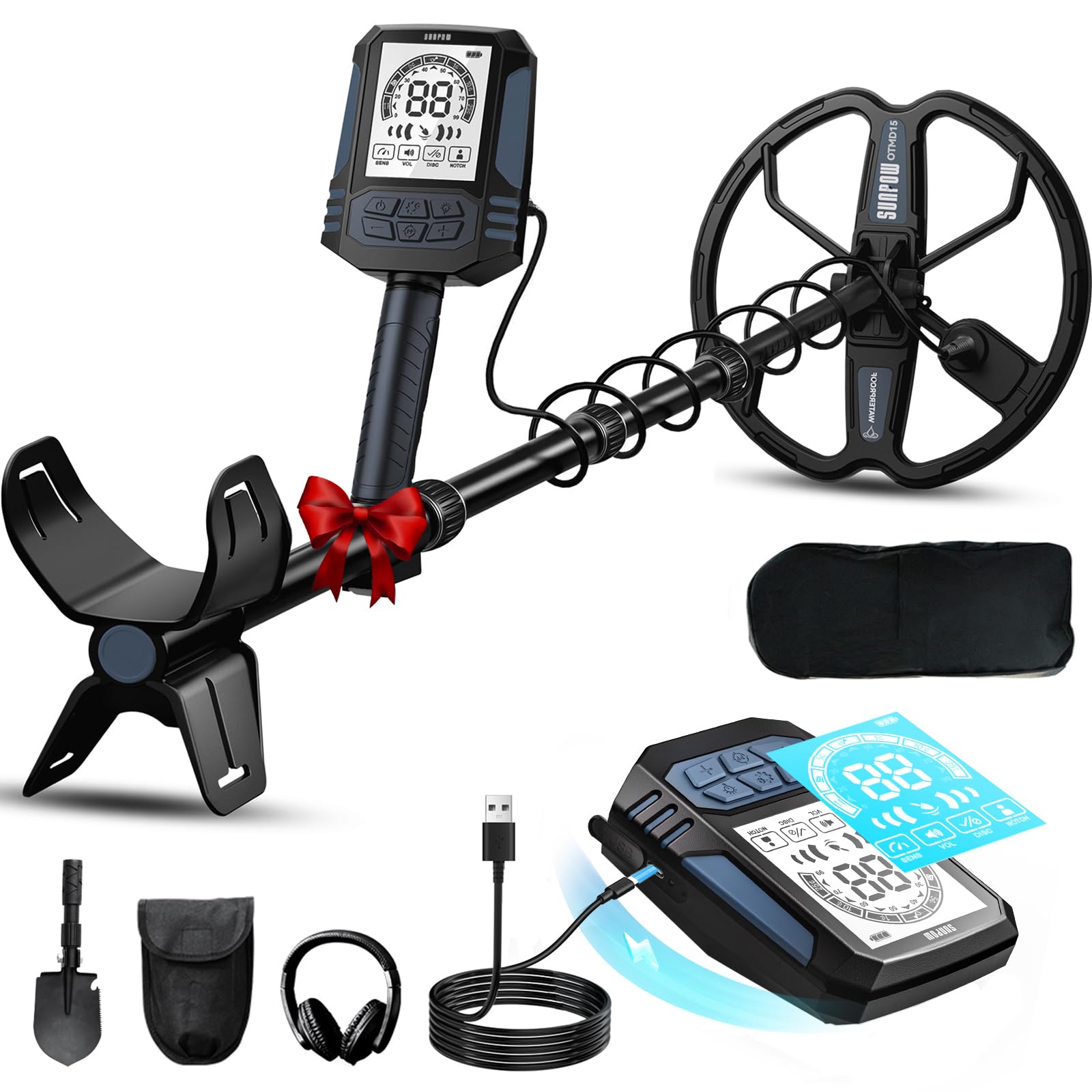 SUNPOW Rechargeable Metal Detector for Adults – 10'' Deep Dual-D Coil, 35H Lithium Battery, 10-Level Sensitivity, 4 Detection Modes, 7-Metal ID, IP68 Waterproof with Shovel, Backpack & Headphones
