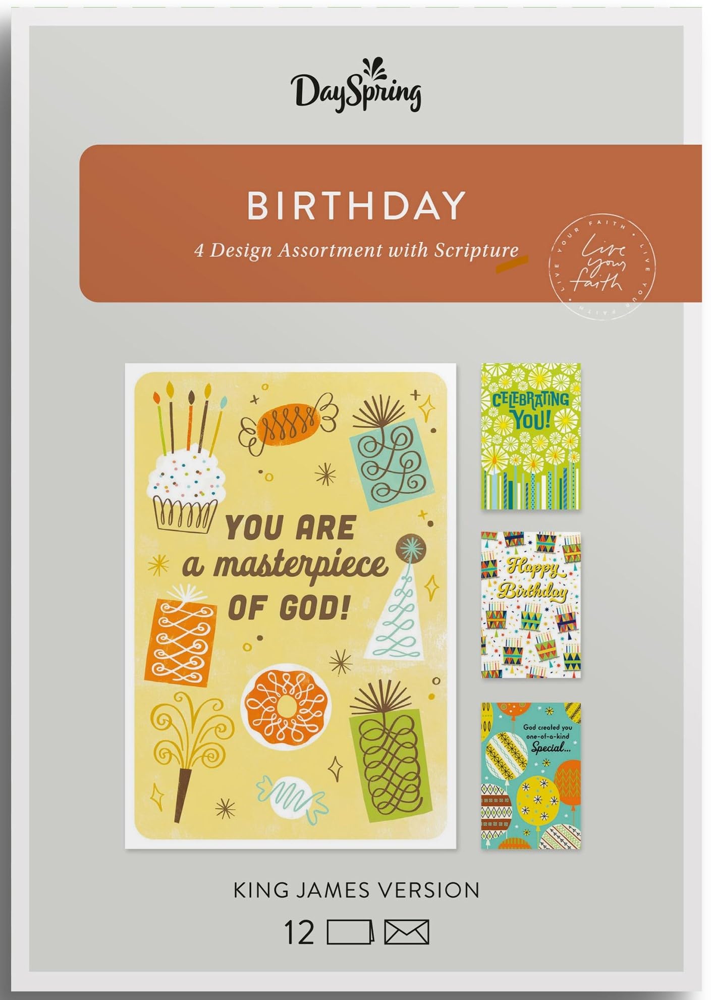 DaySpring - Birthday - 4 Festive Design Assortment With Scripture - 12 Boxed Cards and Envelopes, KJV