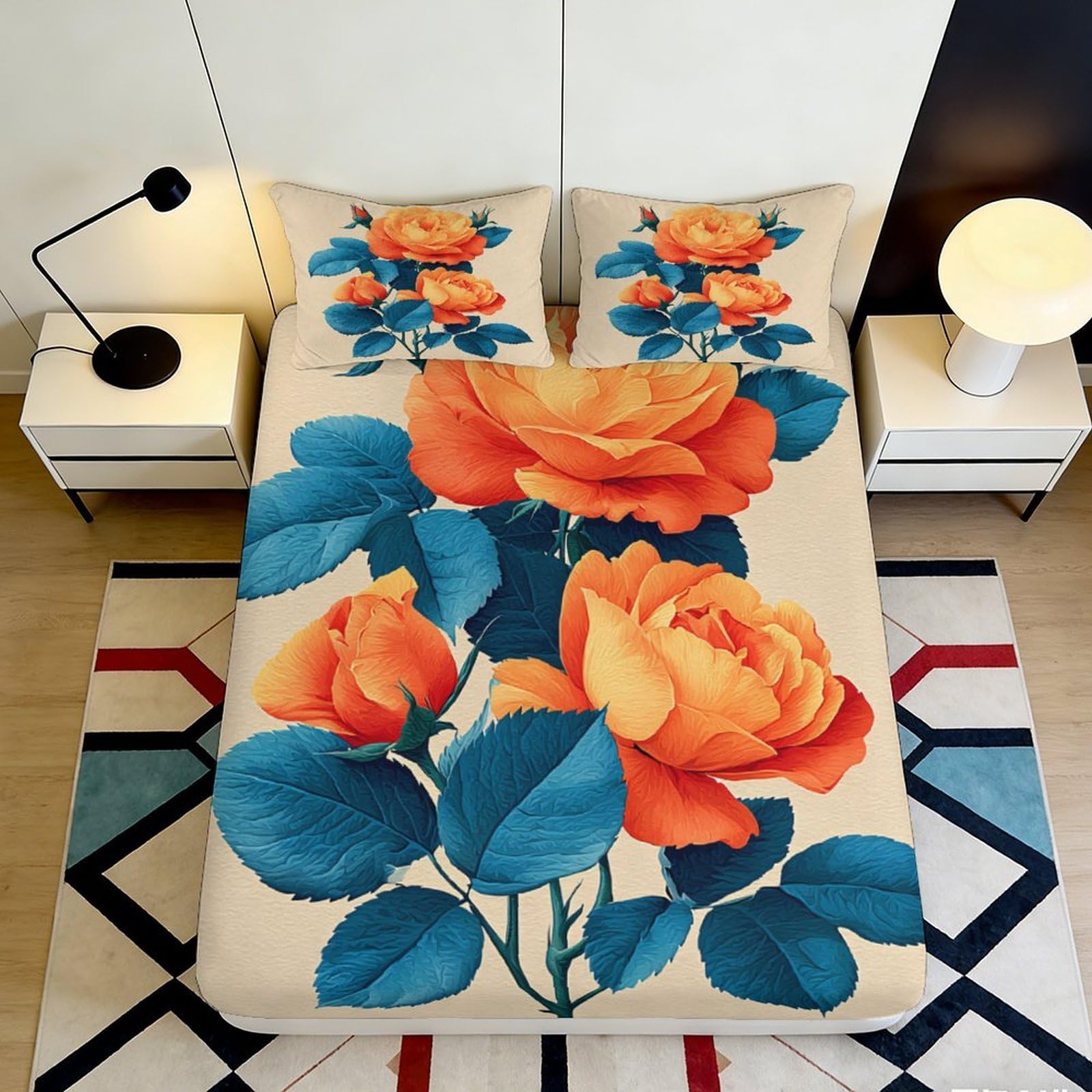 Decorative Orange Rose Fitted Sheet 3D Printed, Microfiber Soft Touch, Bed Cover for Home Bedroom, Wrinkle Resistant, Guest Room Bedding, 118x200cm 90x200x25cm