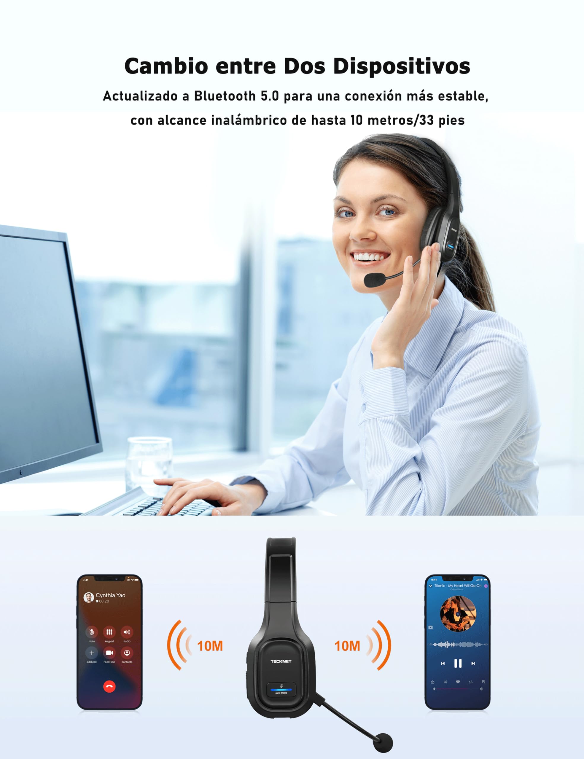 TECKNET Auriculares para PC con Micrófono, Auriculares Bluetooth con Cancelación de Ruido. Sonido Estéreo Nítido. Compatibles con Skype, Teléfonos, Centros de Llamadas y Cursos Online