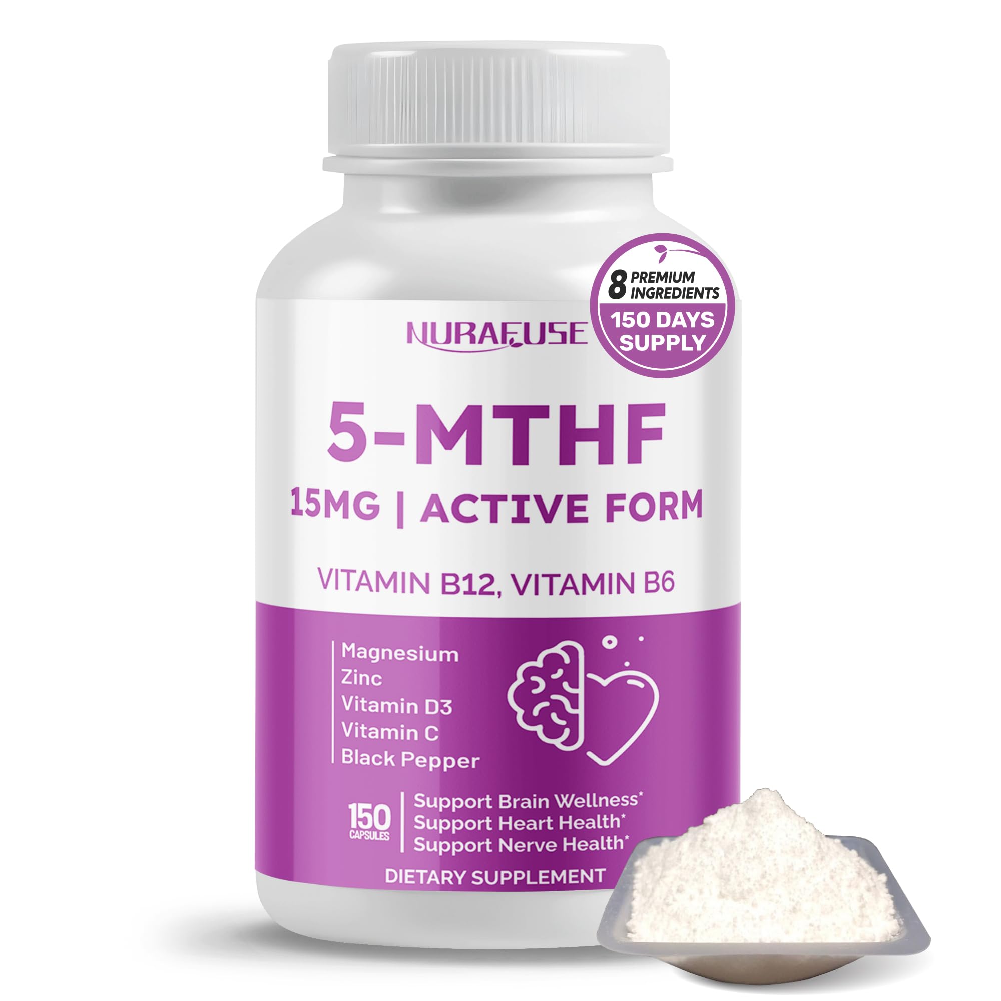 High Potency 5-MTHF (Active Form) with Vitamin B12, Vitamin B6, Magnesium & Black Pepper – Supports Brain Wellness, Heart Health & Nerve Health* 150 count (pack of 1)