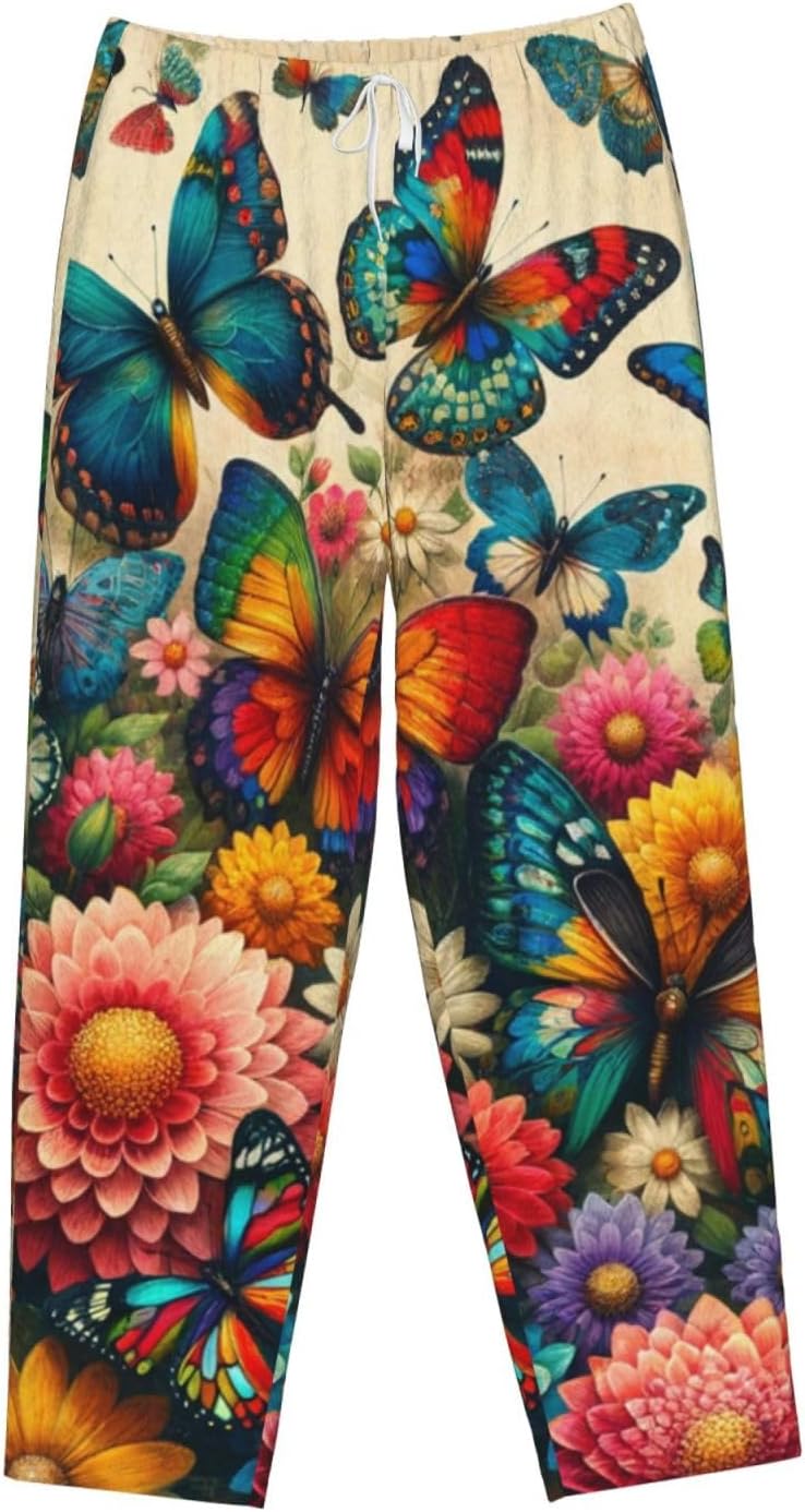 Women'S Flowers-Butterfly-Retro Fleece Pajama Pants, Cozy Flannel Lounge Bottoms For Women