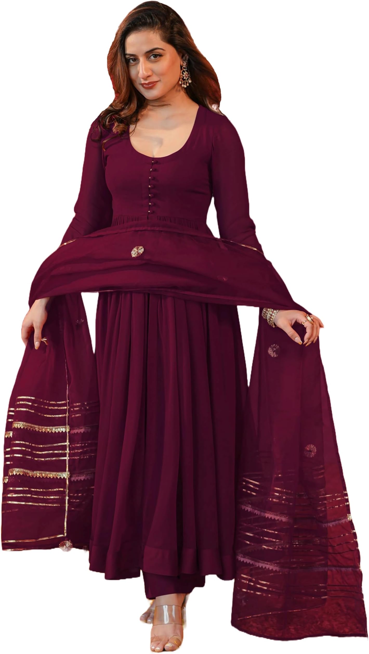 GoSriKi Anarkali Women's Plain Rayon Blend Kurta with Trousers and Dupatta