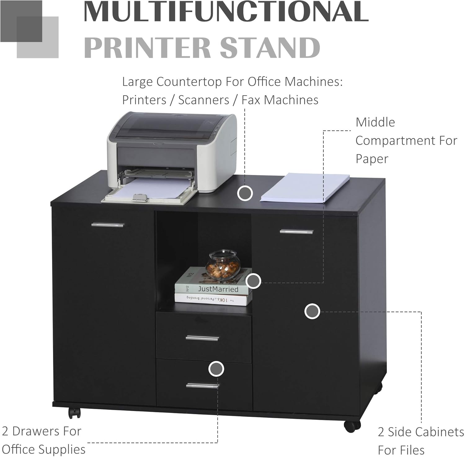 Vinsetto Multifunction Office Filing Cabinet Printer Stand with 2 Drawers, 2 Shelves, & Smooth Counter Surface, Black : Office Products