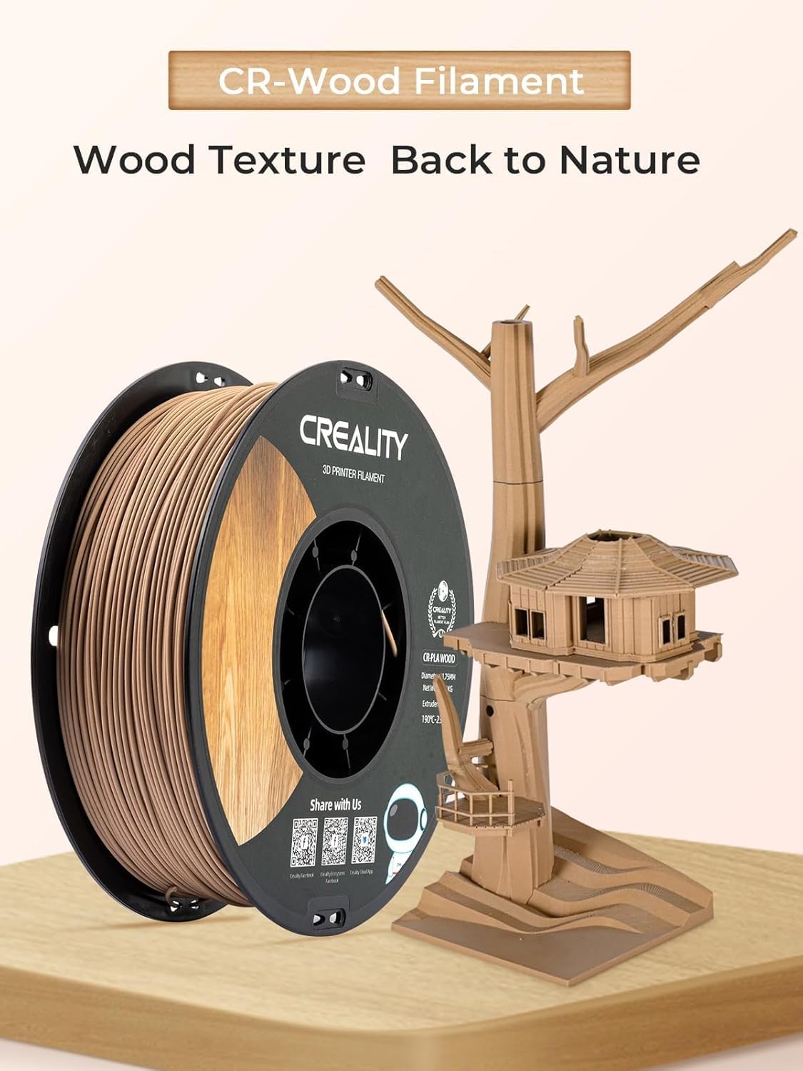 Creality Holzfilament 1,75mm, CR PLA mit natürlicher Holztextur - 1kg Spule, matte Oberfläche - Maßgenau ±0,02mm