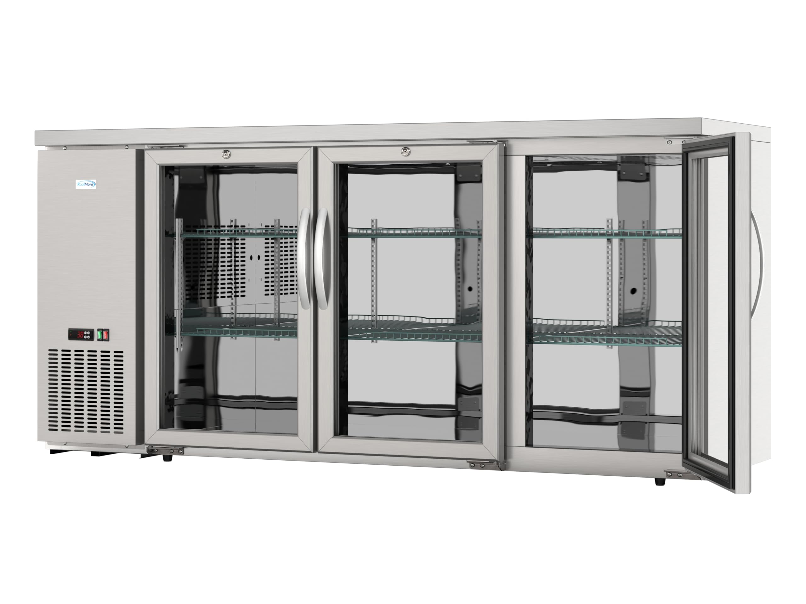 KoolMore 72 in. Commercial Three Glass Door Back Bar Refrigerator Cooler for Beer Bottle & Can Storage with Side Condenser and Compressor, LED Lighting, 18 Cu. Ft. and ETL Listed in Stainless Steel on Fridge.com