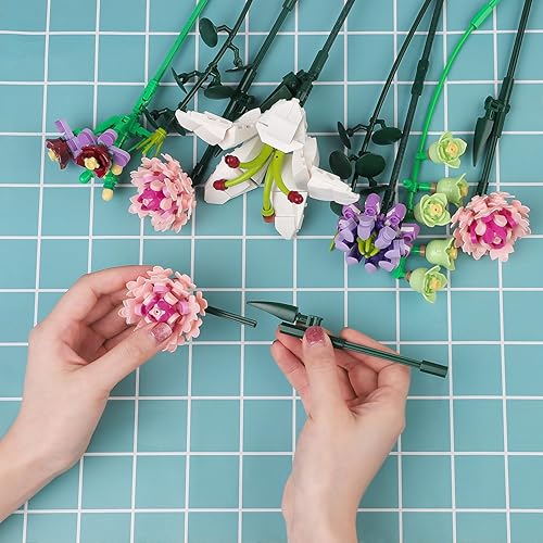 Miniatura 5 de Chodia Bloques de construcción de ramo de flores, colección botánica de clavel rosa, juegos de ladrillos, kits de juguetes creativos para el día de