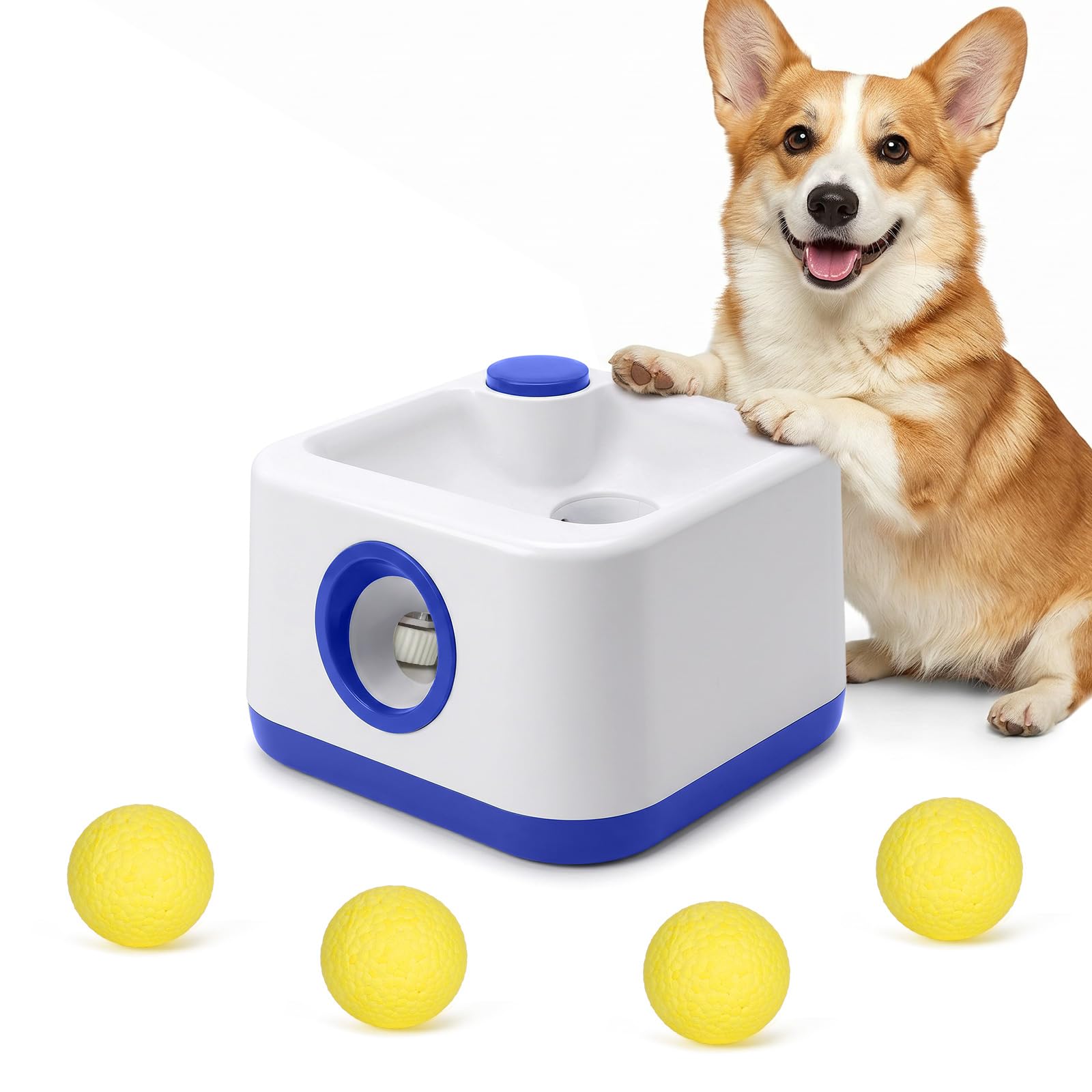 jianyana Automatic Dog Ball Launcher, Auto & Manual Dual Mode Interactive Dog Toy, 4 Adjustable Distances with 4 ETPU Balls, Anti-Jam for Home Garden All Breeds