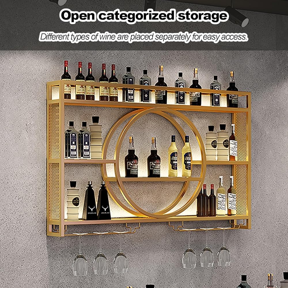 Moderno estante de pared con luz LED, estantes flotantes para botellas de licor y copas de vino colgantes, perfecto para cocina y sala de estar