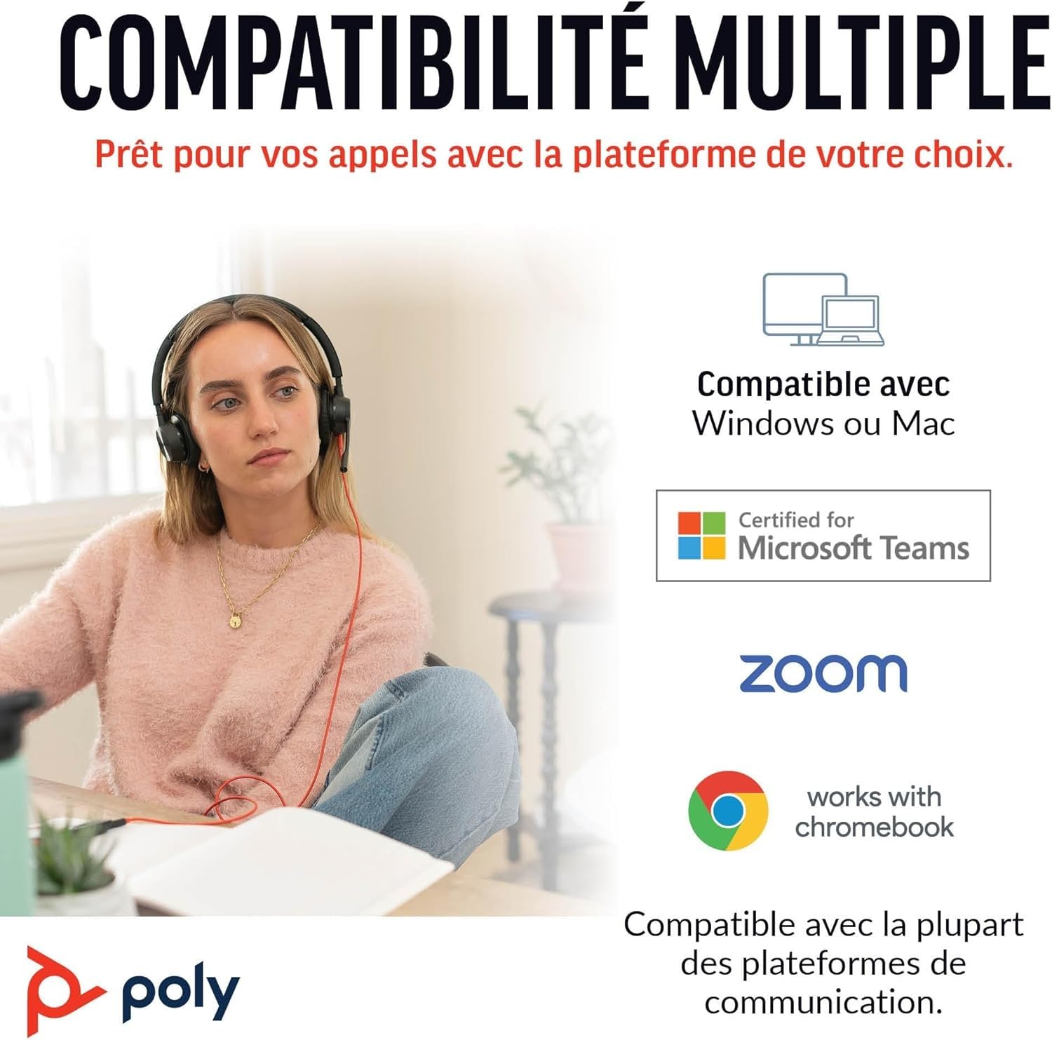 Micro-casque filaire haut de gamme Poly Blackwire 8225 – Annulation active du bruit – Son binaural hi-fi - Connexion à un PC/Mac - Certifié Microsoft Teams