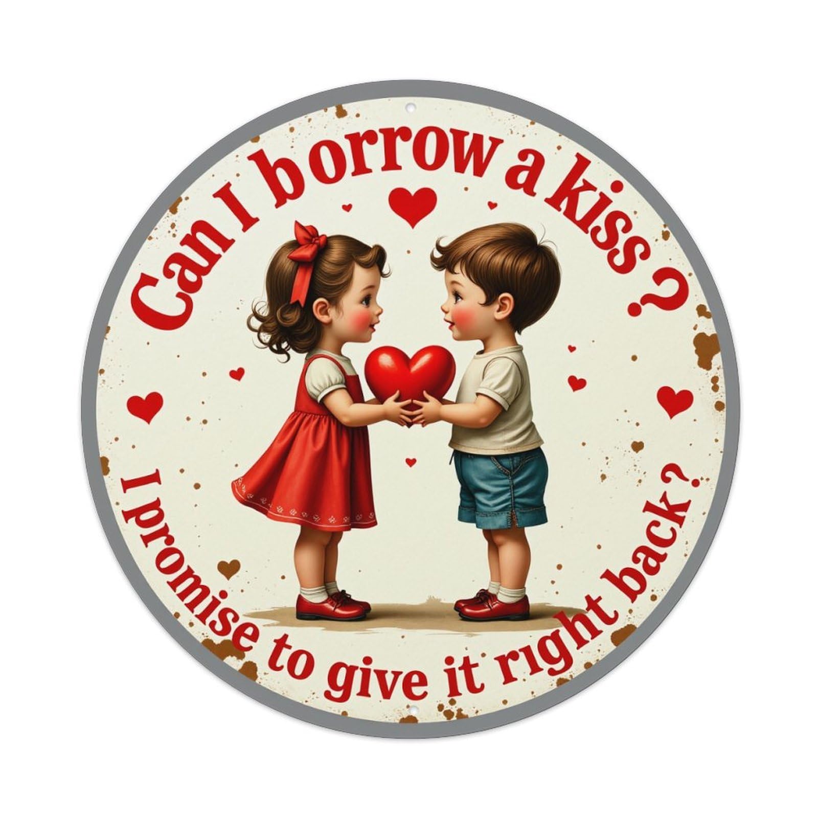 Cute Children Holding Heart Round Tin Sign Vintage Metal Poster, Home Bar Garage Man Cave Cafe Indoor & Outdoor Wall Decoration 8x8Inches