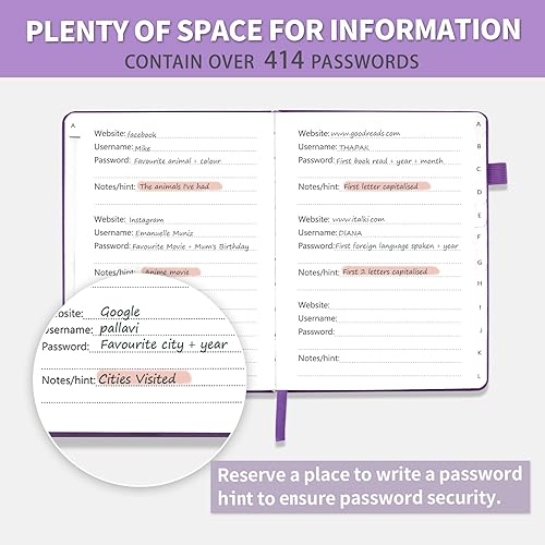 Miniatura 4 de Libro de contraseñas con pestañas alfabéticas, protector de contraseñas de tapa dura, organizador de cuadernos de contraseñas para computadora y