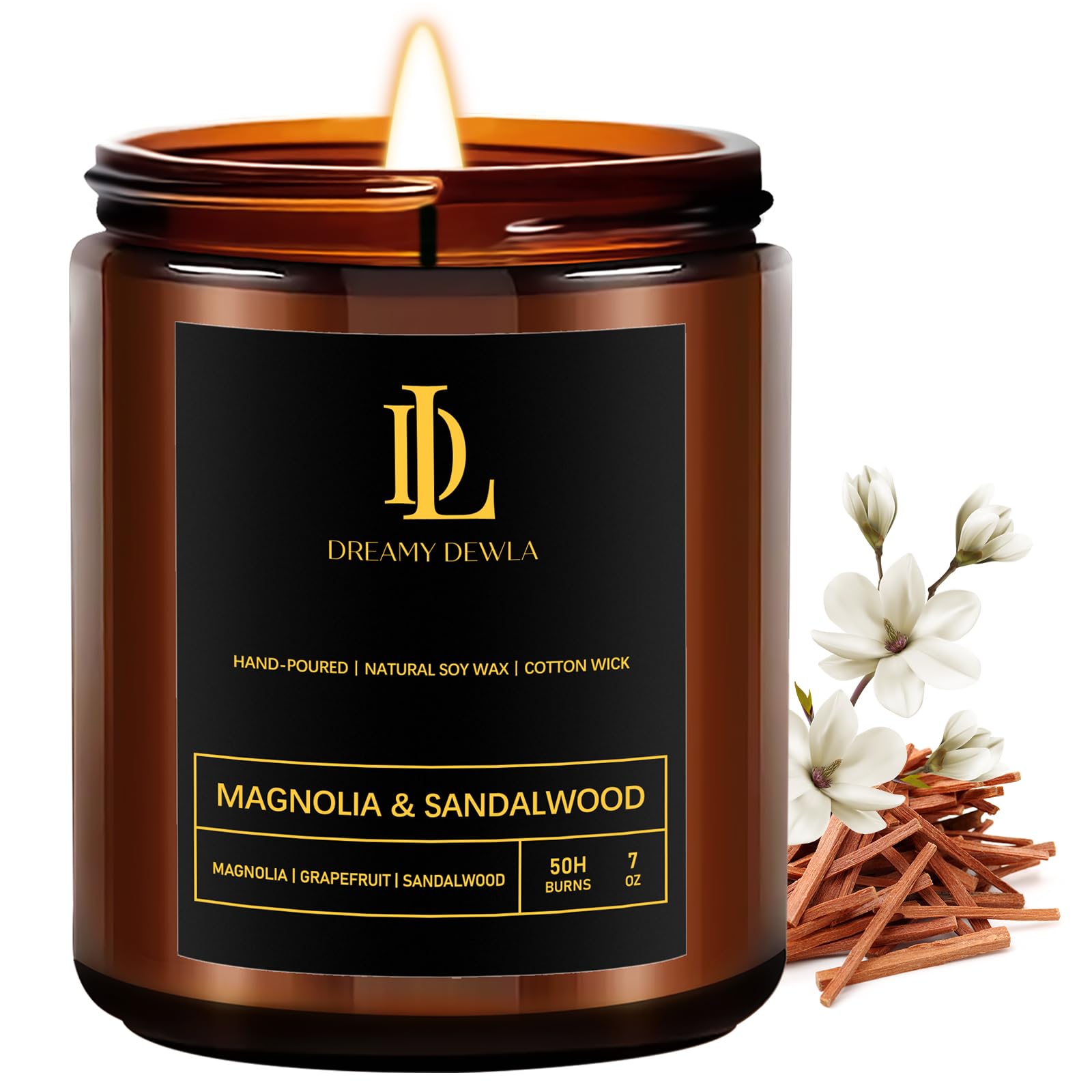 Scented Candles for Men, Magnolia & Sandalwood Scented Candle for Home, Soy Wax Candles Amber Jar Candles Gift for Birthday Father's Day Thanksgiving Day Anniversary
